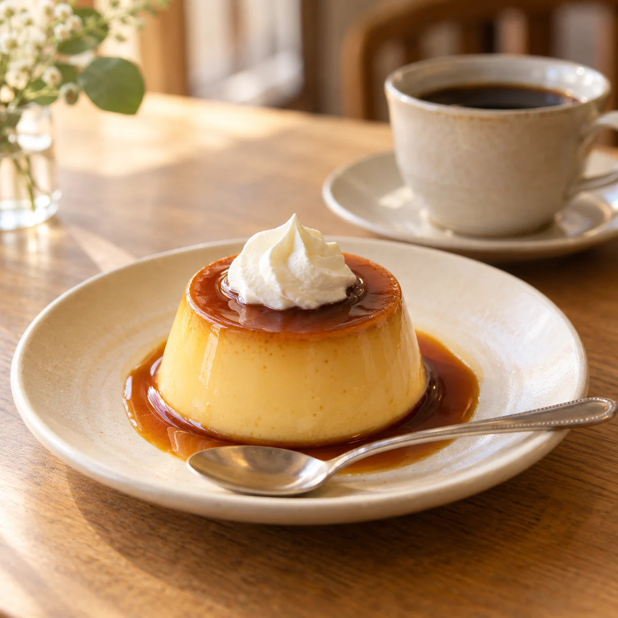 カラメルがつやめく、クリームを添えたプリンのイメージ